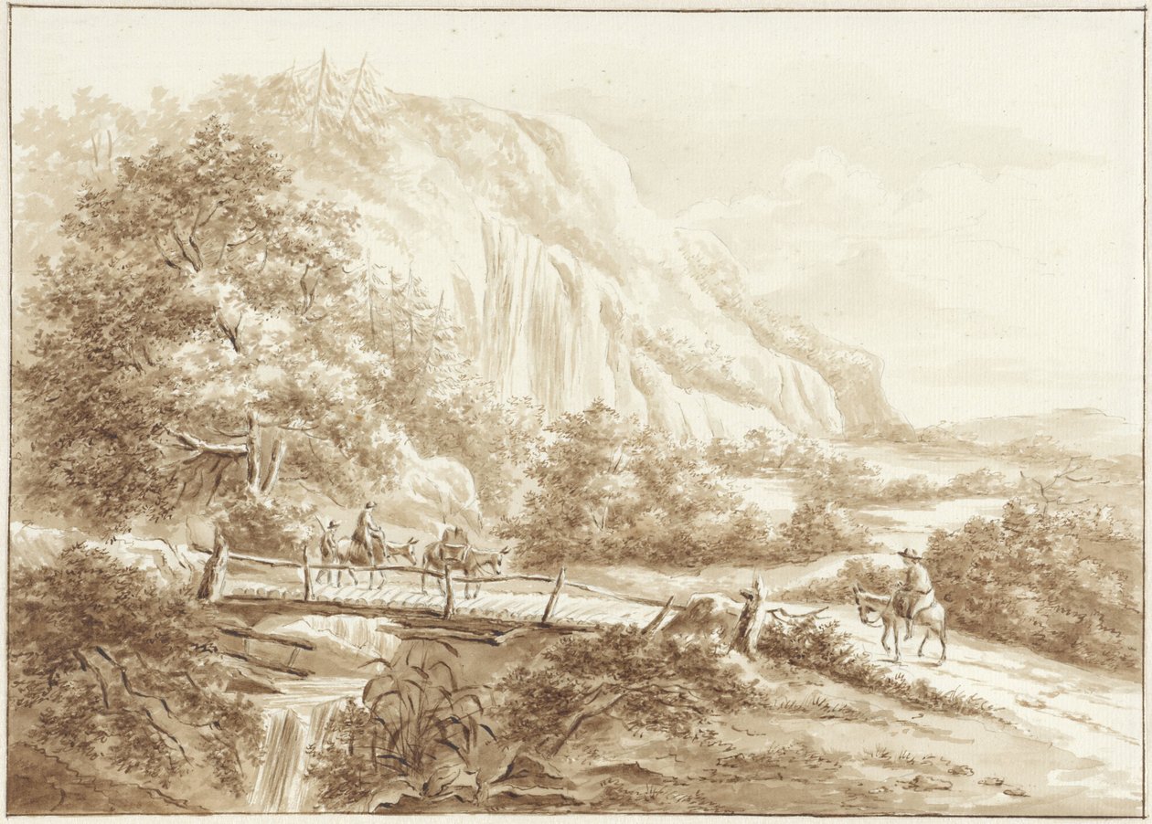 Bergslandskap med resenärer på åsnor som korsar en träbro av W.C.E. Roelofs