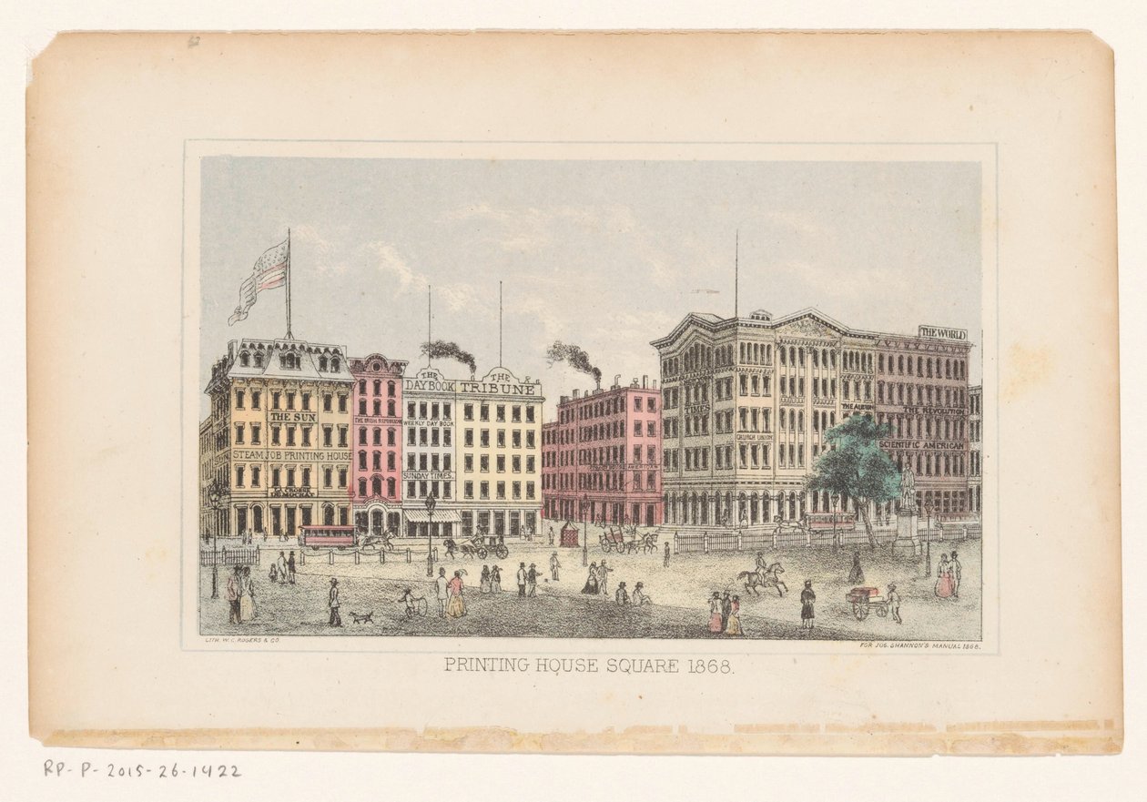 Park Row, Manhattan Tryckeritorget 1868 (titel på objekt) av W.C. Rogers and Co.