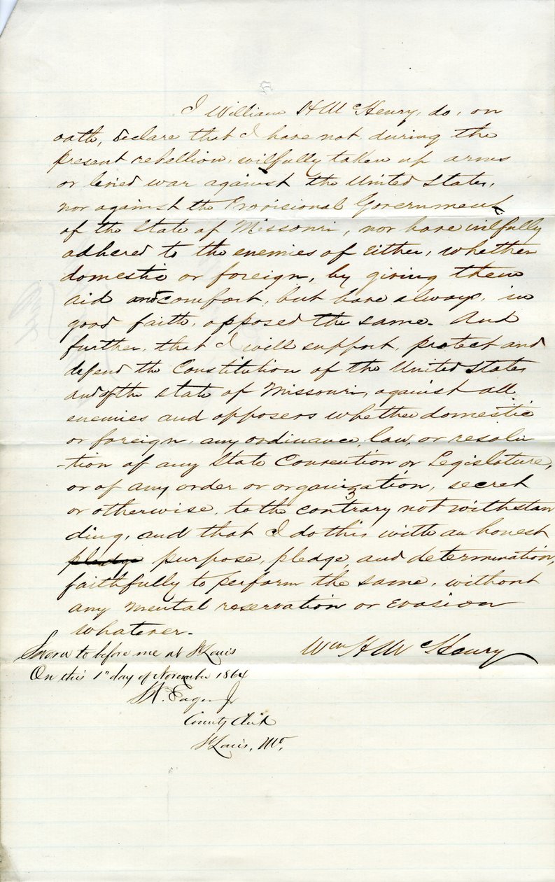 Loyalty oath of William H. McHenry of Missouri, County of St. Louis av W.H. McHenry