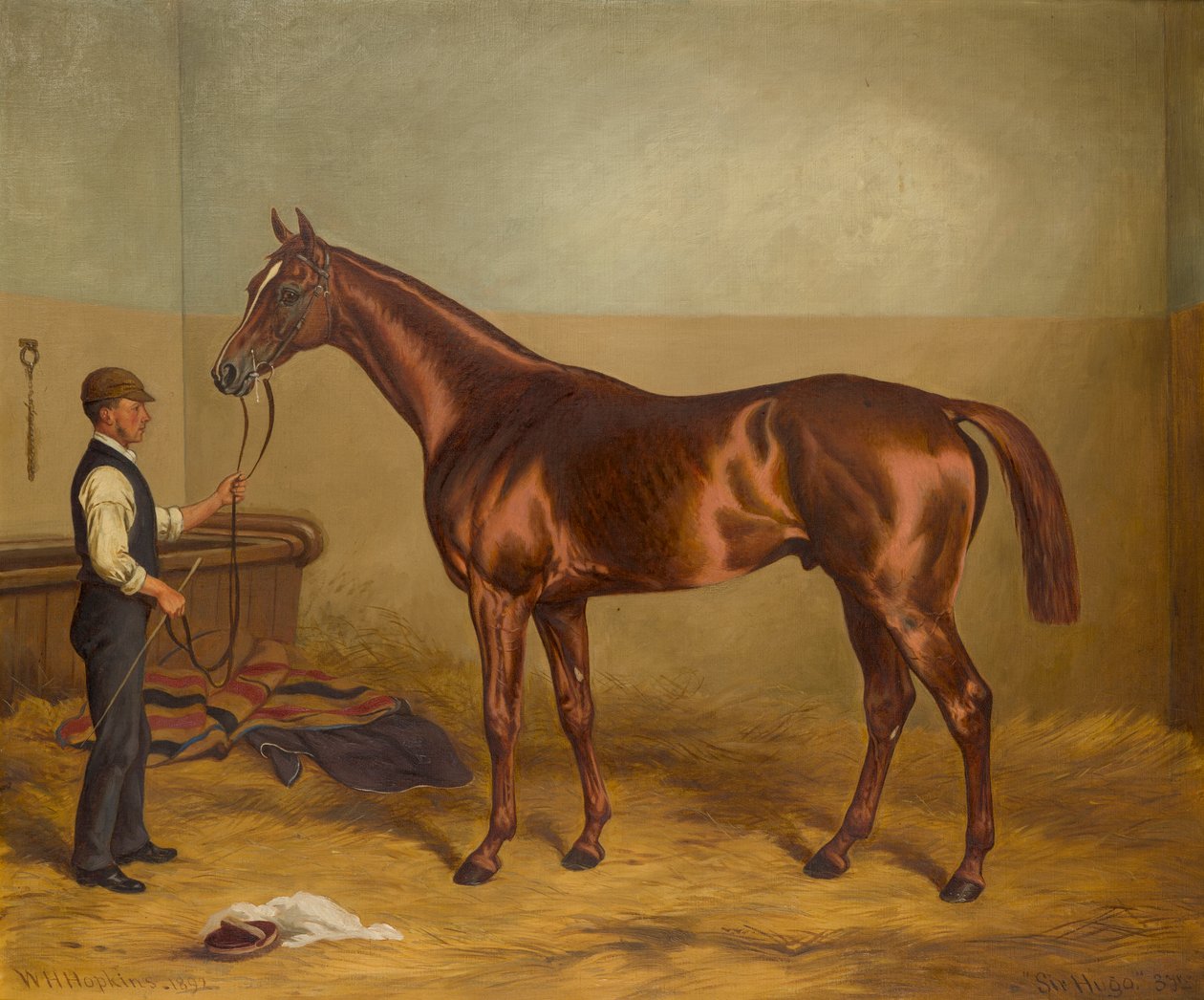 Sir Hugo som treåring innehas av Groom in a Stable, ca 1875-92 (olja på duk) av W.H. Hopkins