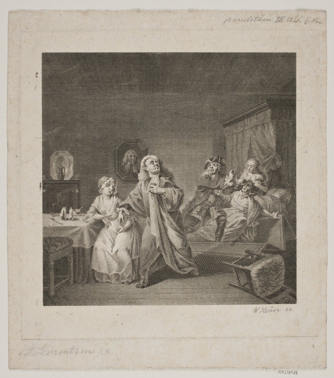 Förlossningsavdelning III. akt 6 scen. Gravyr efter Lorenzens Holbergska Galleri. av WIlhelm Heuer