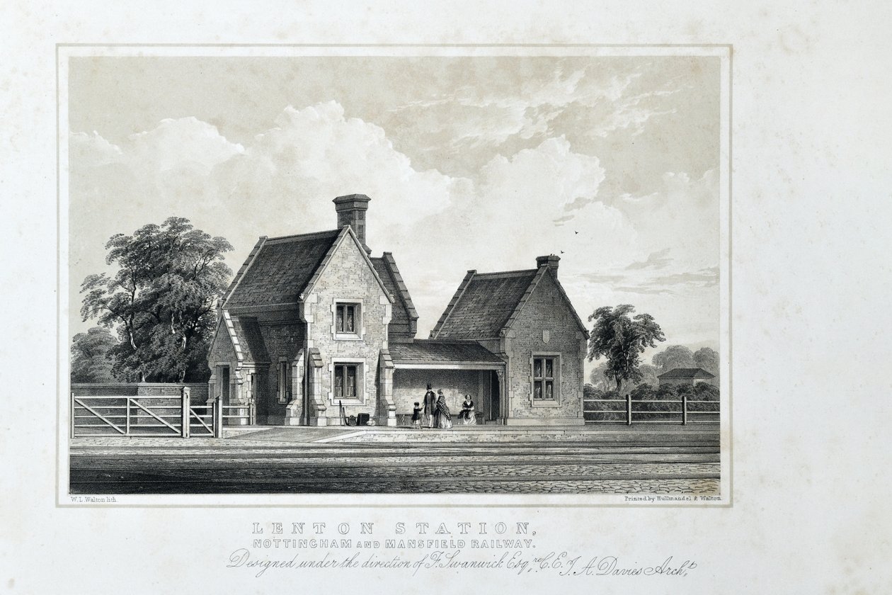 Lenton Station, Nottingham och Mansfield Railway, ca 1848 (tonad litografi på papper) av W.L. Walton