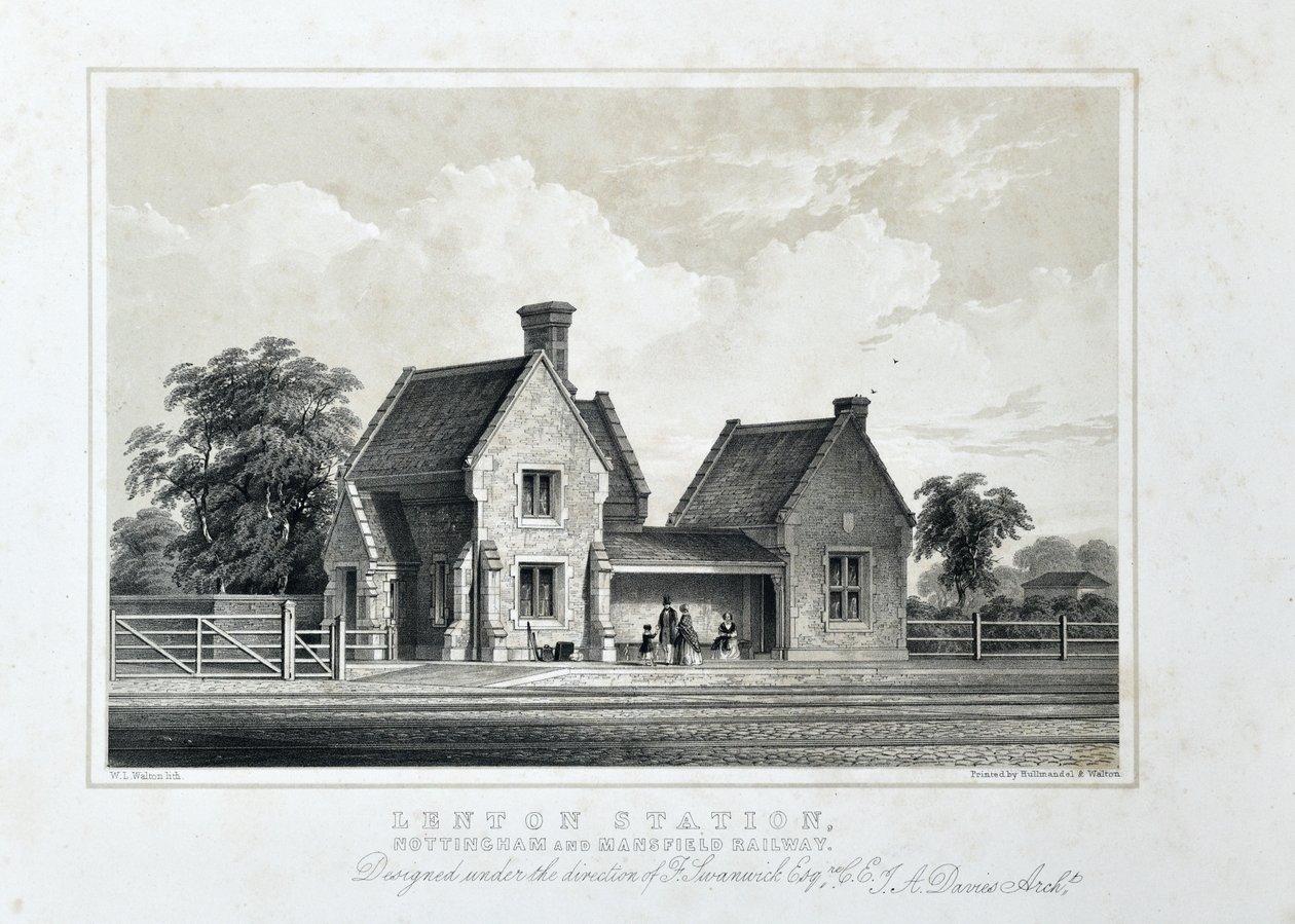 Lenton Station, Nottingham och Mansfield Railway c1848 (tonad litografi på papper) av W.L. Walton