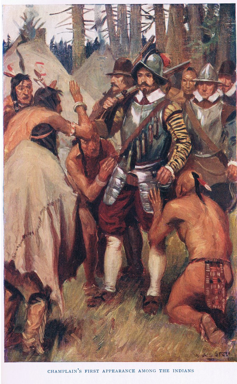 Champlains första framträdande bland indianerna, illustration från "The Romance of Canada" av W.R.S. Stott