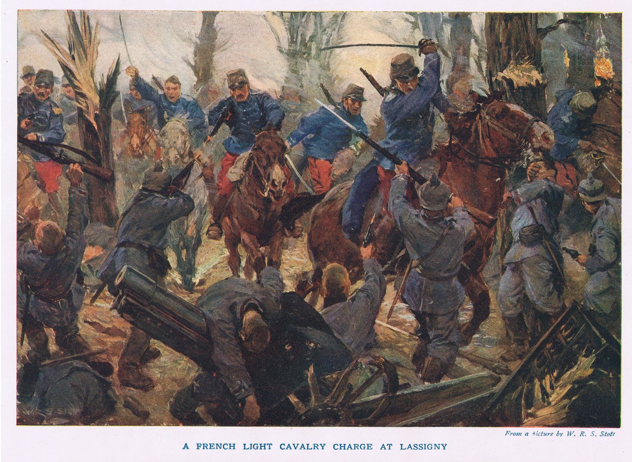 Det franska lätta kavalleriet anfaller vid Lassigny (färg litho) av W.R.S. (after) Stott