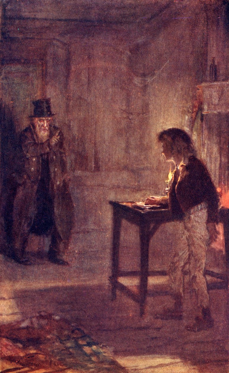 Fagin Warns Oliver, frontispice från "The Adventures of Oliver Twist" av Charles Dickens av W.S. Stacey