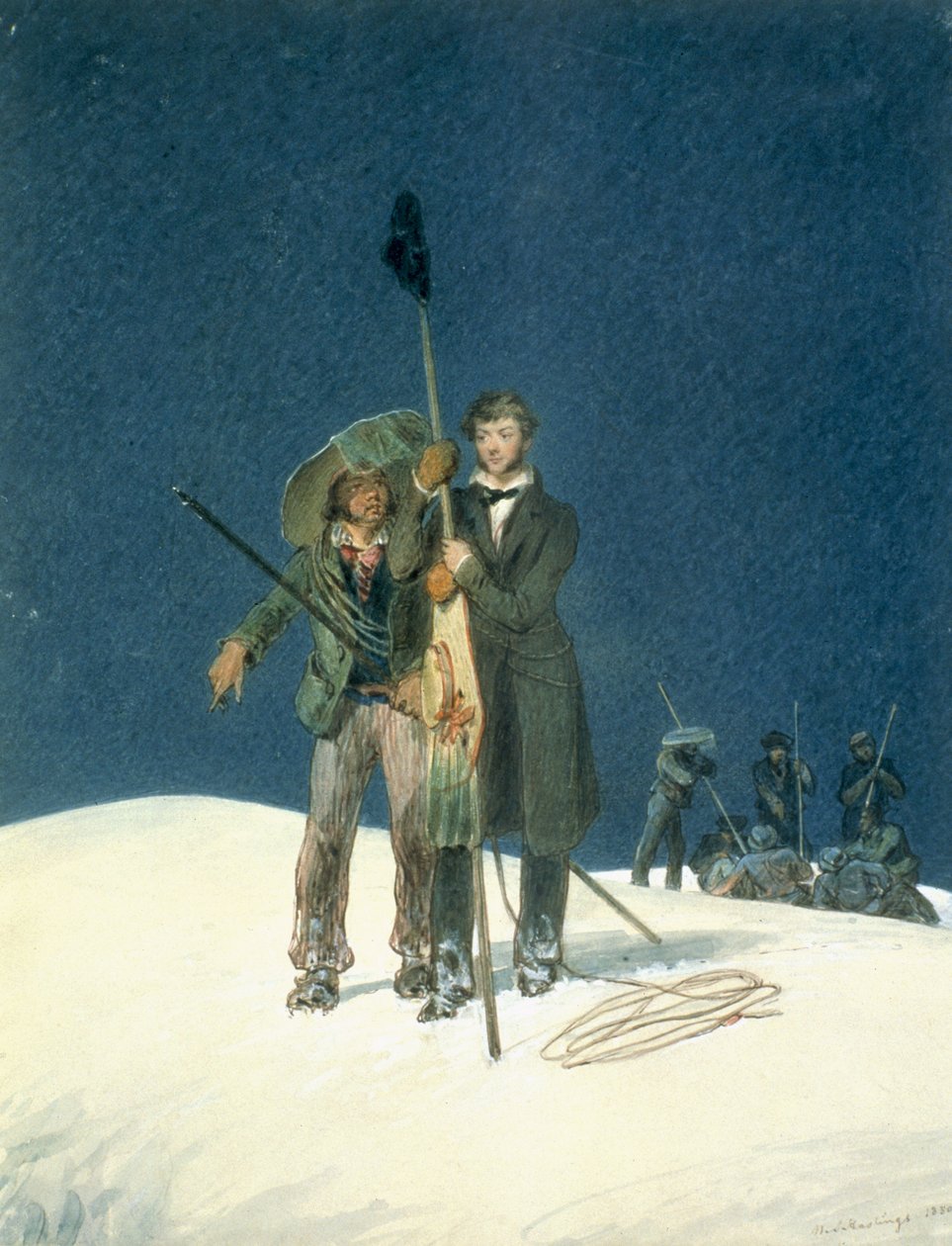 Charles Fellows med William Hawes, Plants a Baton on the Summit, ingår som en inlaga i A Narrative of an Ascent to the Summit of Mont Blanc av Charles Fellows (1799-1860), publicerad 1827 (wc på pa). av W.S. Hastings