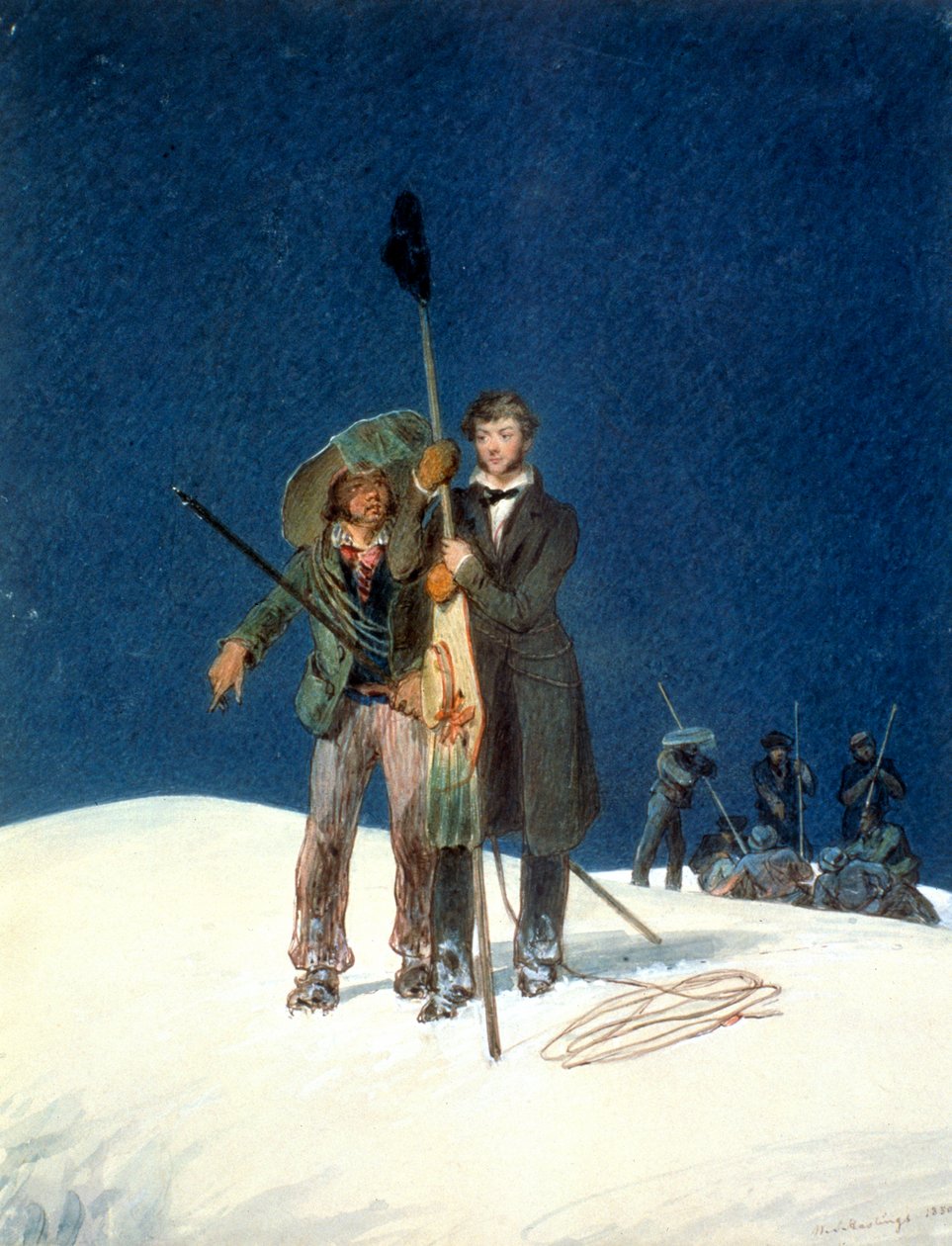 Charles Fellows med William Hawes, planterar en batong på toppen av Mont Blanc, 1827 av WS Hastings