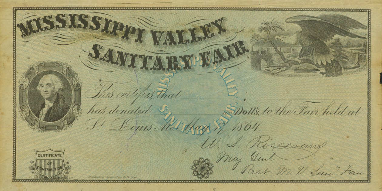Blank illustrated certificate of contribution for donations made at the Mississippi Valley Sanitary Fair, May 7, 1864 av W. A. Rosecrans