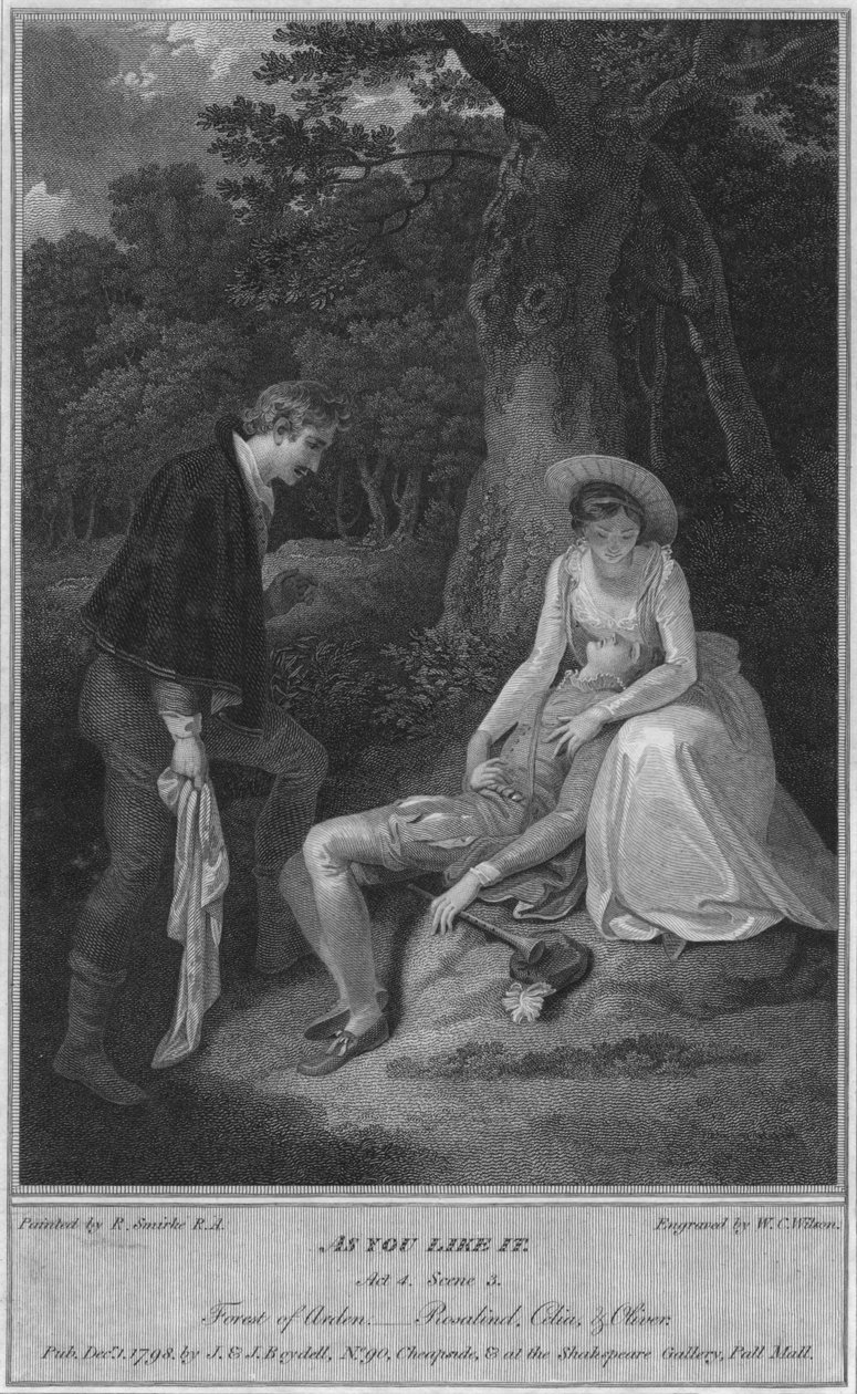 Som du gillar det. Akt 4. Scen 3. Forest of Arden, - Rosalind, Celia & Oliver, 1798. av W. C. Wilson