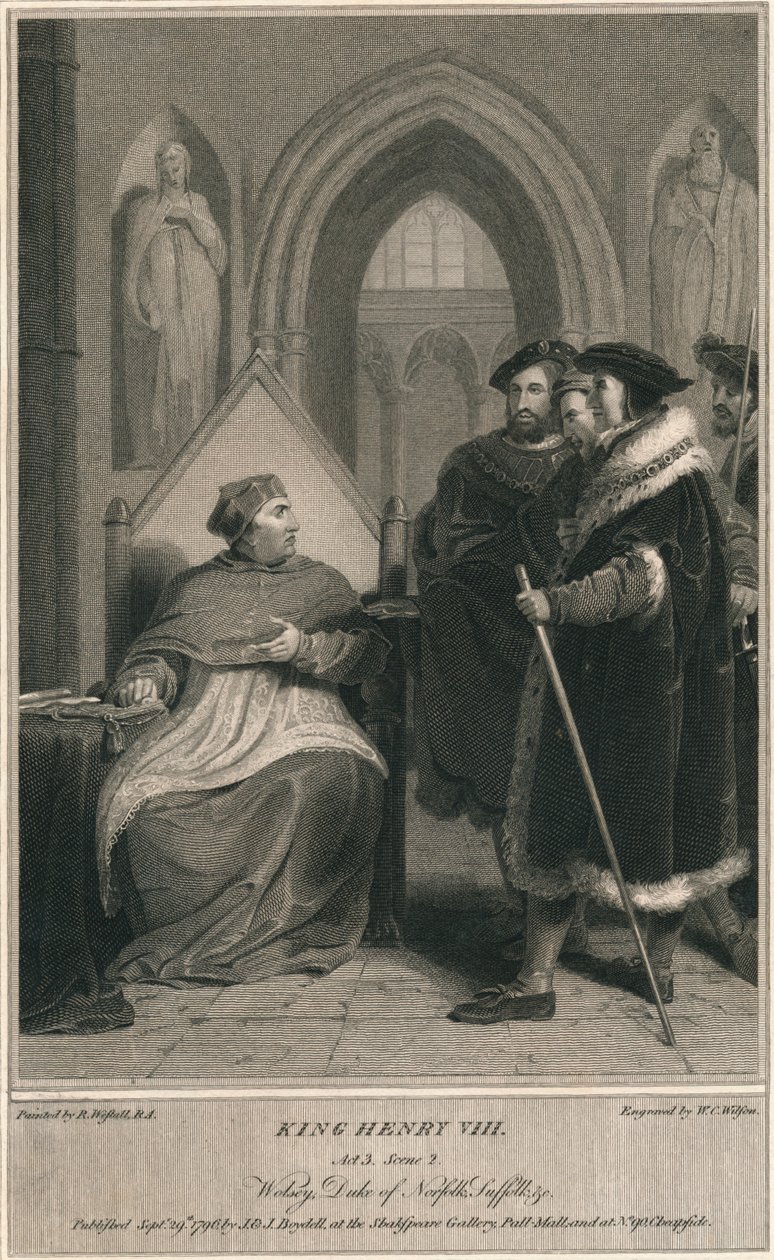 Kung Henrik VIII. Akt 3. Scen 2. Wolsey, hertig av Norfolk, Suffolk & c, 1796. av W. C. Wilson