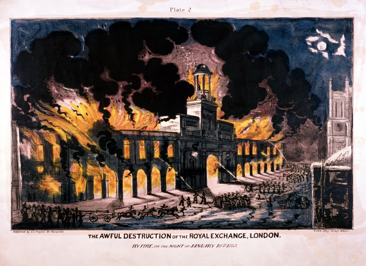 The Awful Destruction of the Royal Exchange 2nd brand, London, 1838 av W Clerk