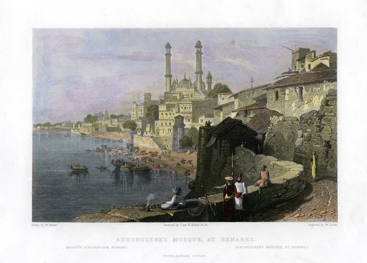Aurangzebs moské i Benares, Indien, 1800-talet av W Cook