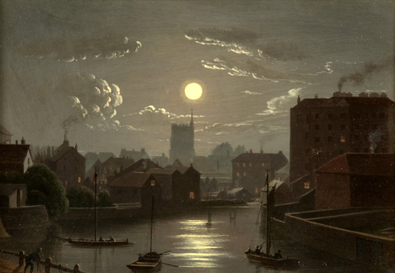 Bristol - Moonlight Scene (olja på koppar) av W. Crambrook
