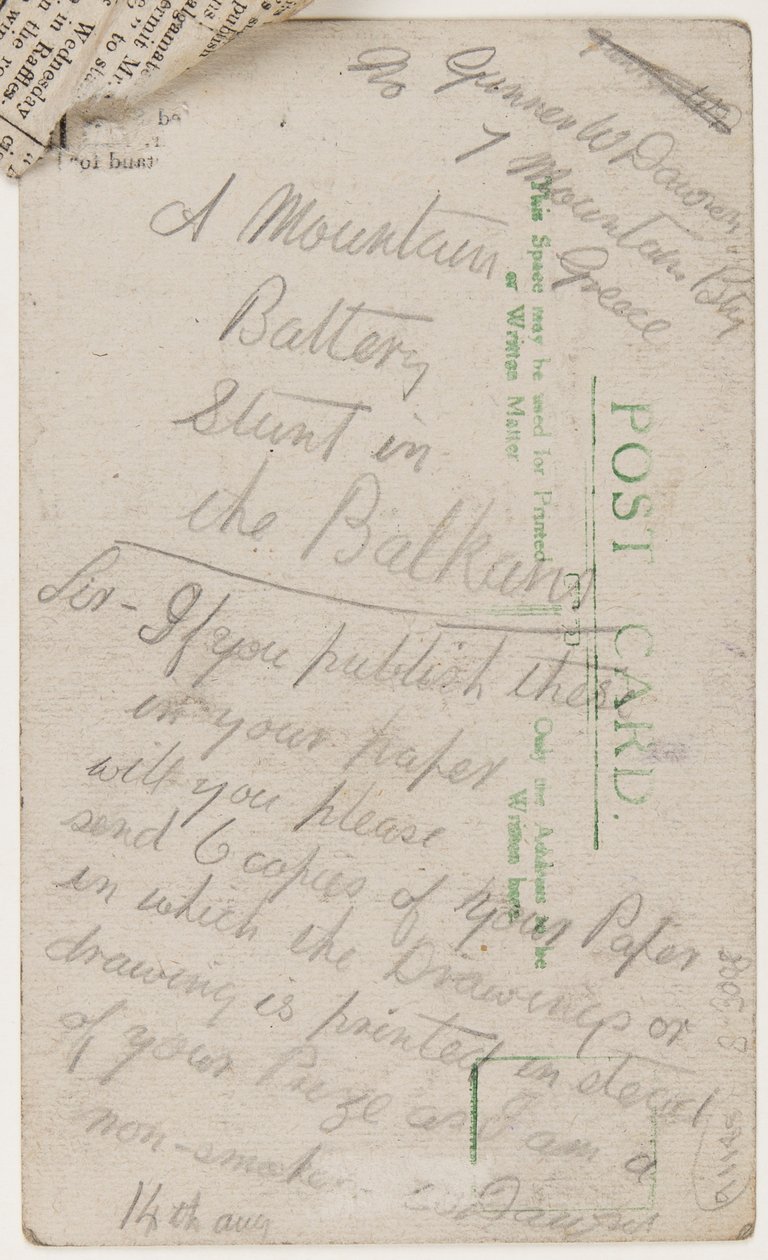 Vykort till redaktören för Liverpool Weekly Courier, 14 augusti 1918 (penna på vykort) av W. Dawson