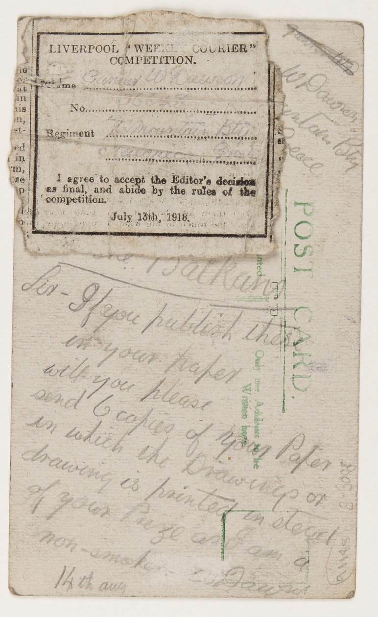 Vykort till redaktören för Liverpool Weekly Courier, 14 augusti 1918 (penna på vykort) av W. Dawson