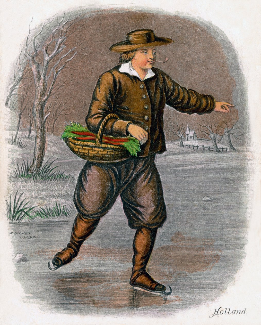 Holländsk man åker skridskor med en korg med grönsaker, 1809. av W. Dickes