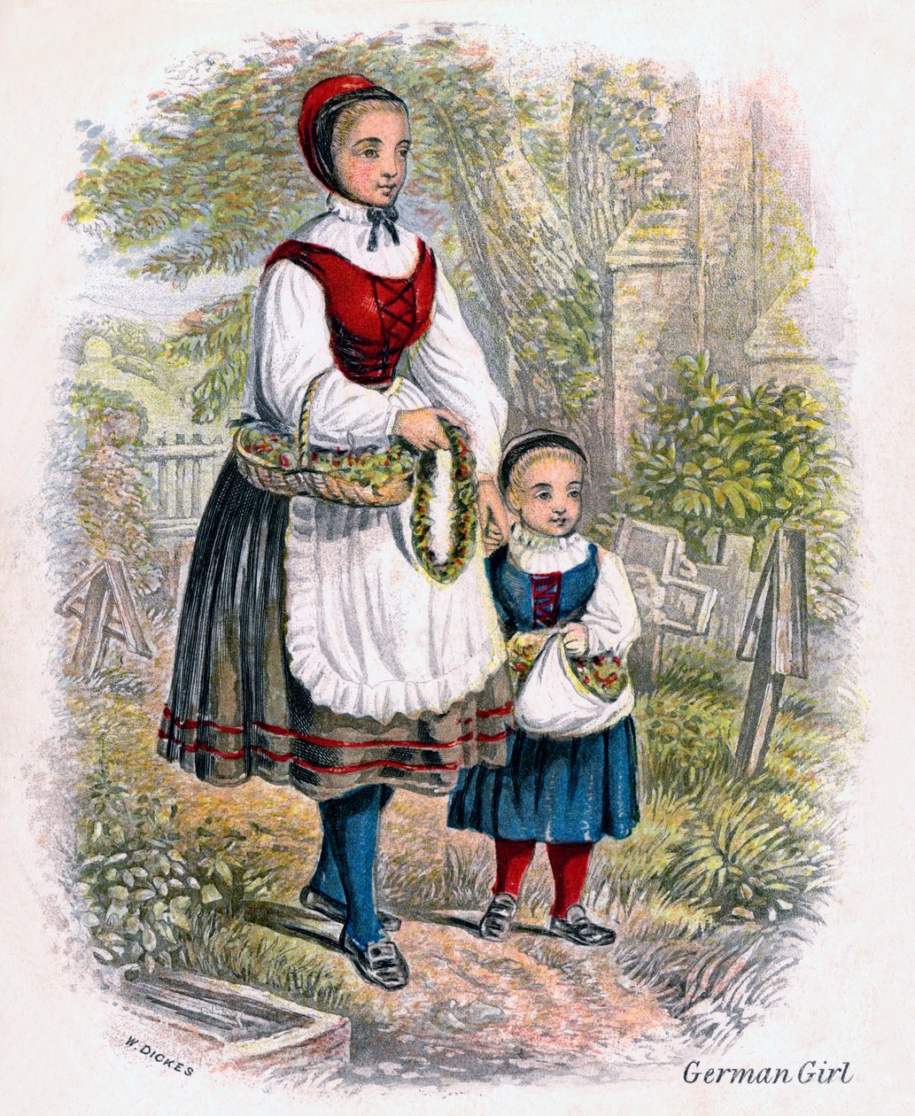 Två tyska flickor med korgar med blommor, 1809. av W. Dickes