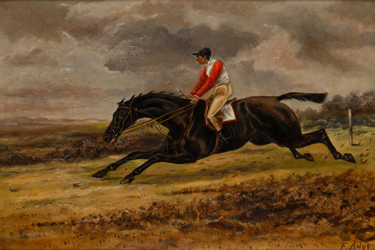 En galopperande häst med jockey upp, iklädd Bradford racing färger, ca 1839-98 (olja på duk) av W. F. Adye