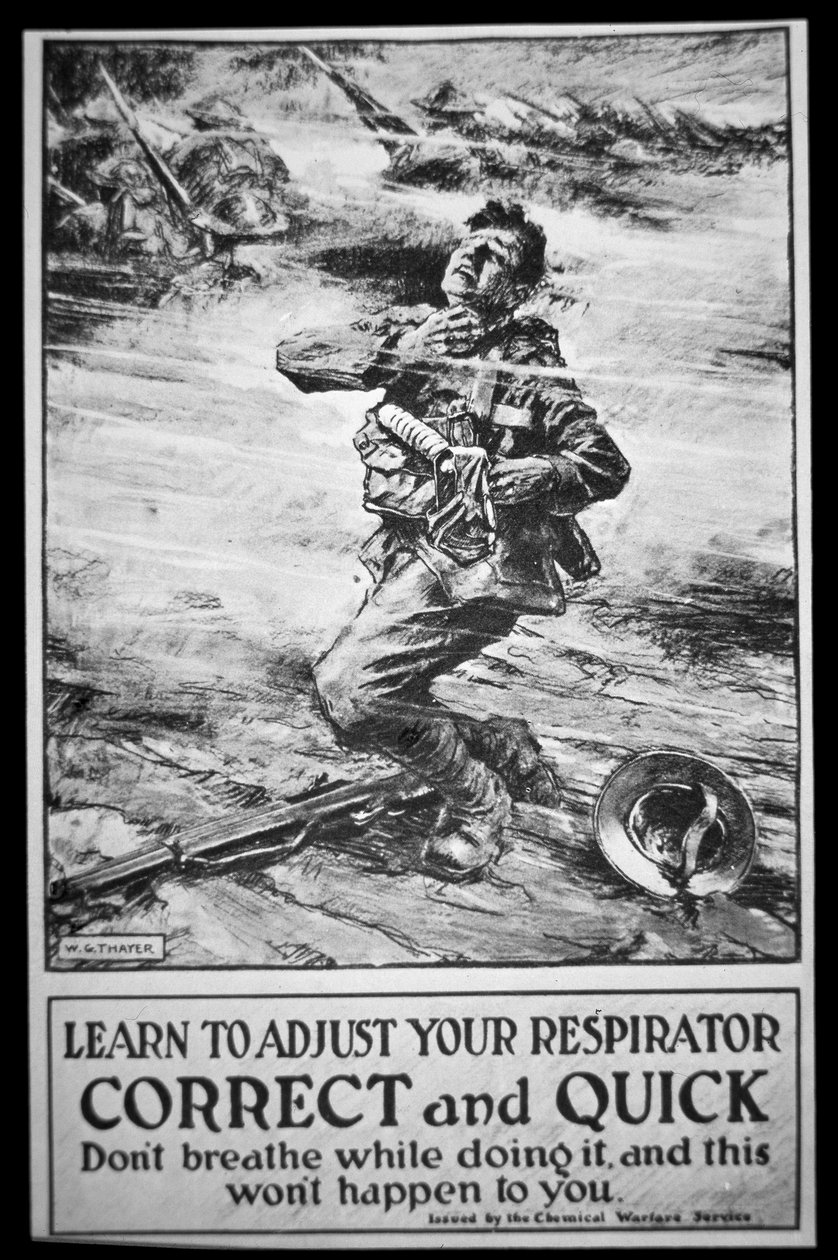 Amerikanska arméns affisch som varnar för gasattack av W. G. (after) Thayer