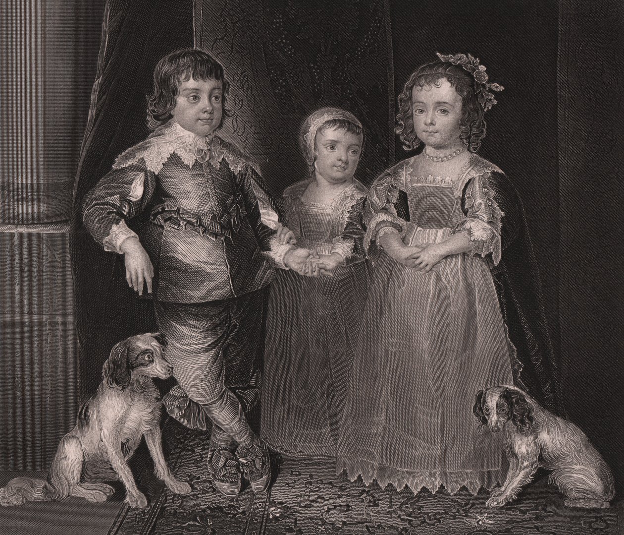 Charles, James och Henrietta, barn till Charles I av England, gravyr från Paynes Royal Dresden Gallery, av Albert Henry Payne, H Payne Dresden och Leipzig Publisher, cirka 1840 av John Ward Dunsmore