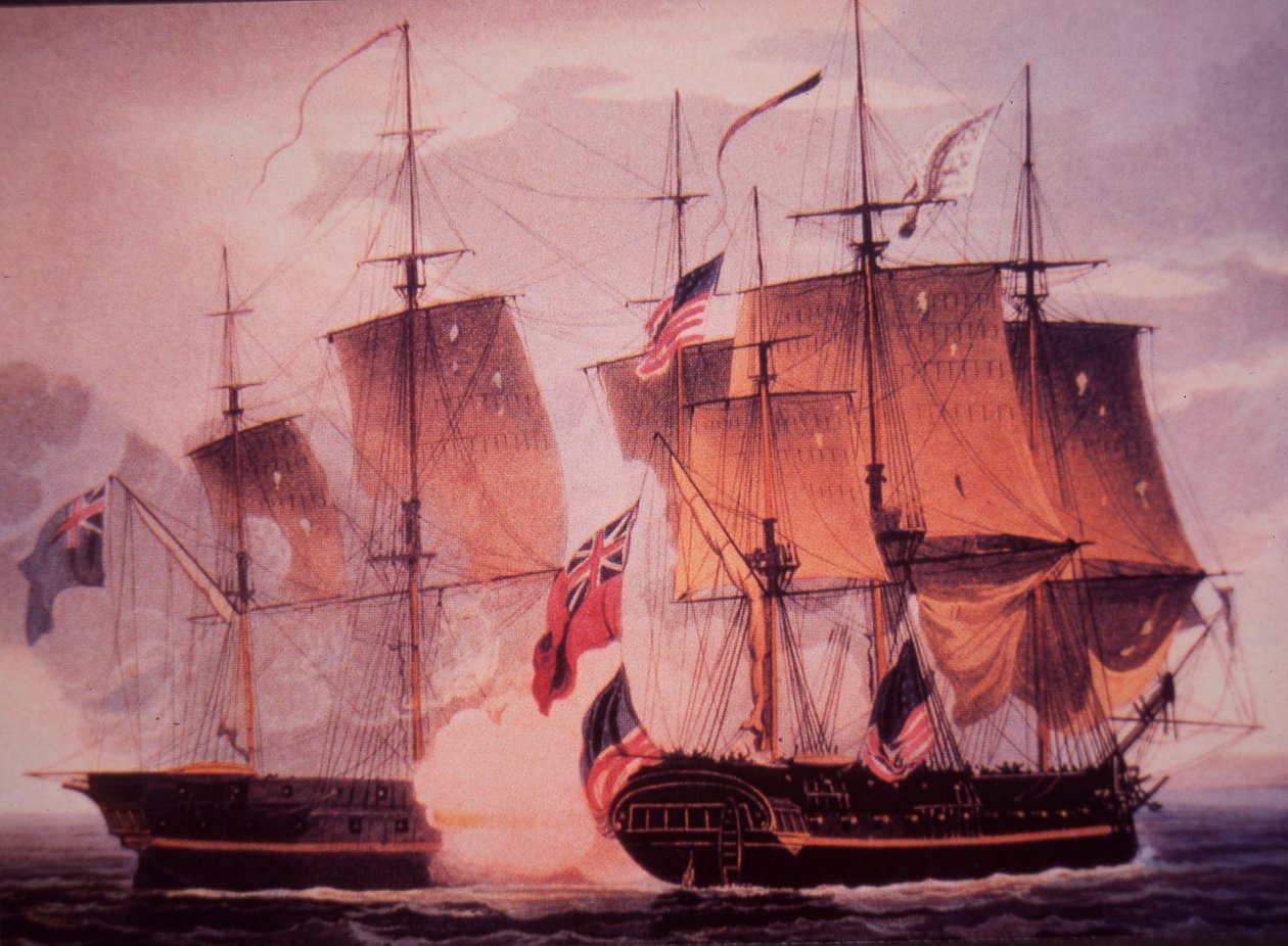 HMS Shannon och USS Chesapeake (litho i färg) av John Ward Dunsmore