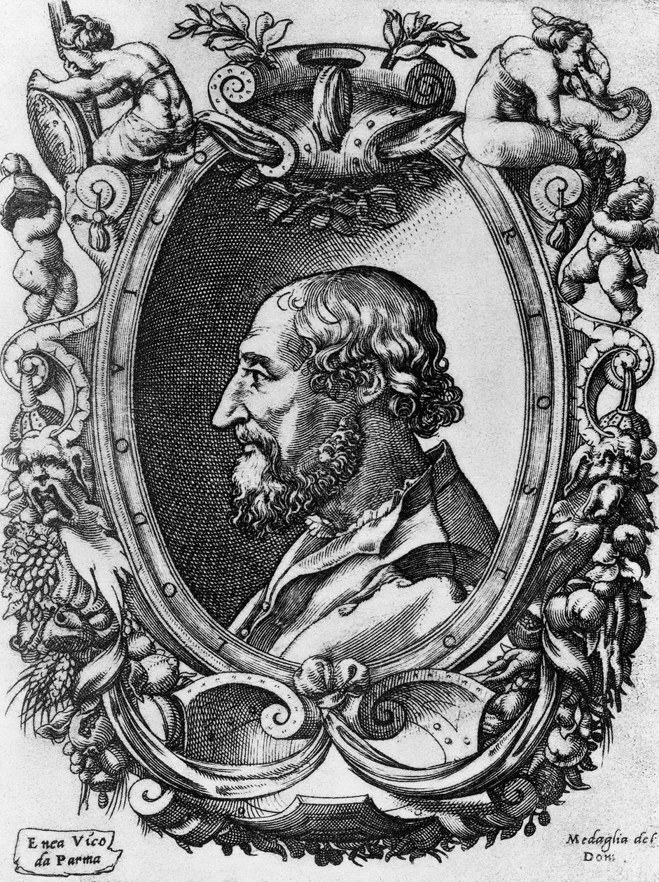 Porträtt av Ludovico Ariosto (1474-1533), italiensk poet och dramatiker, Medaglie del Doni, gravyr av Enea Vico (1523-1567) av John Ward Dunsmore