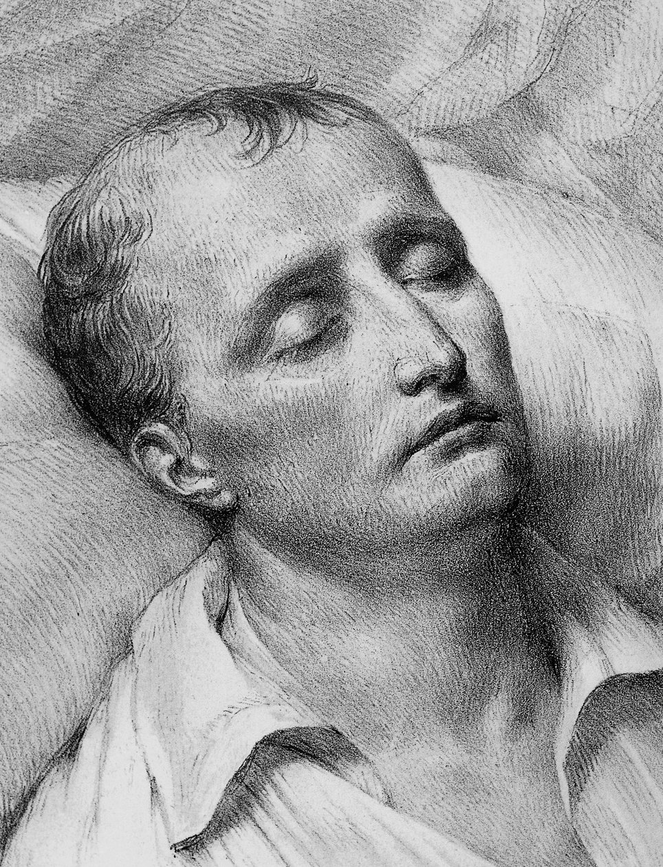 Porträtt av Napoleon Bonaparte (1769-1821) på sin dödsbädd, litografi av John Ward Dunsmore