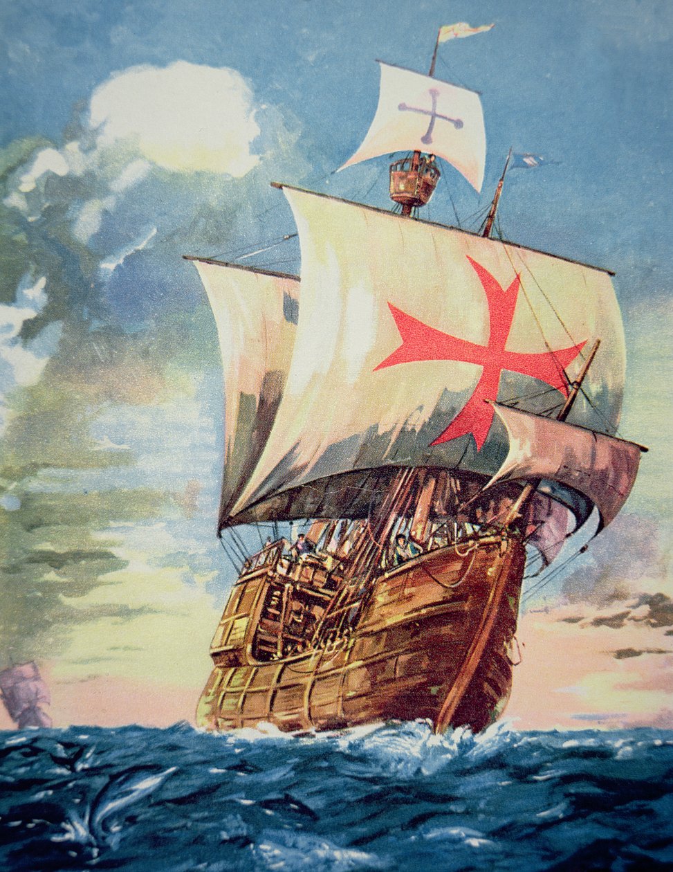 Santa Maria tar Christopher Columbus till Amerika 1492 (färg litho) av John Ward Dunsmore