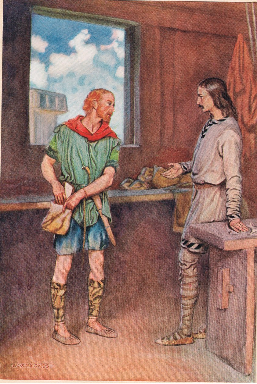 En sjöman ger Horatio ett brev från Hamlet, ur "Hamlet" av William Shakespeare, upplaga utgiven av Hodder und Stoughton 1915. av W. G. Simmonds