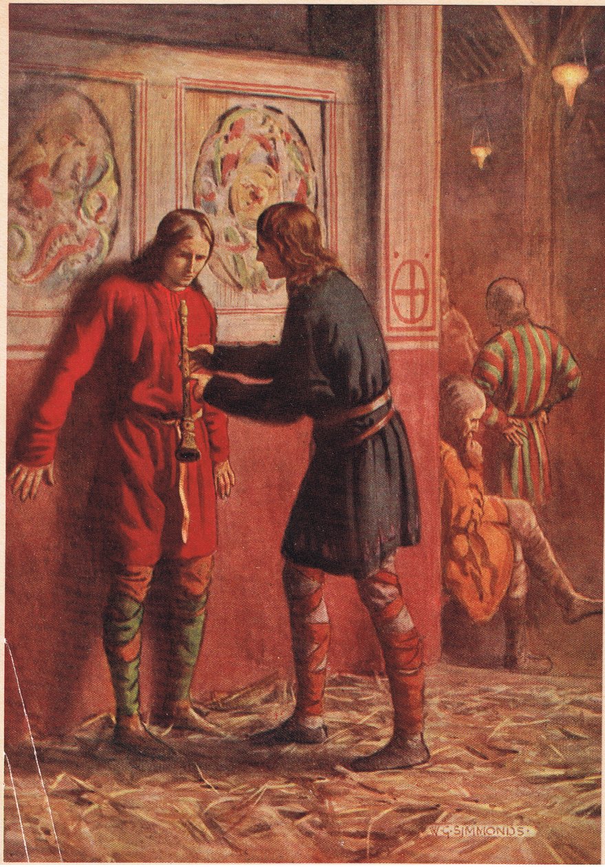 Hamlet försöker få Guildenstern att spela en pipa, från "Hamlet" av William Shakespeare, utgåva publicerad av Hodder und Stoughton 1915 av W. G. Simmonds