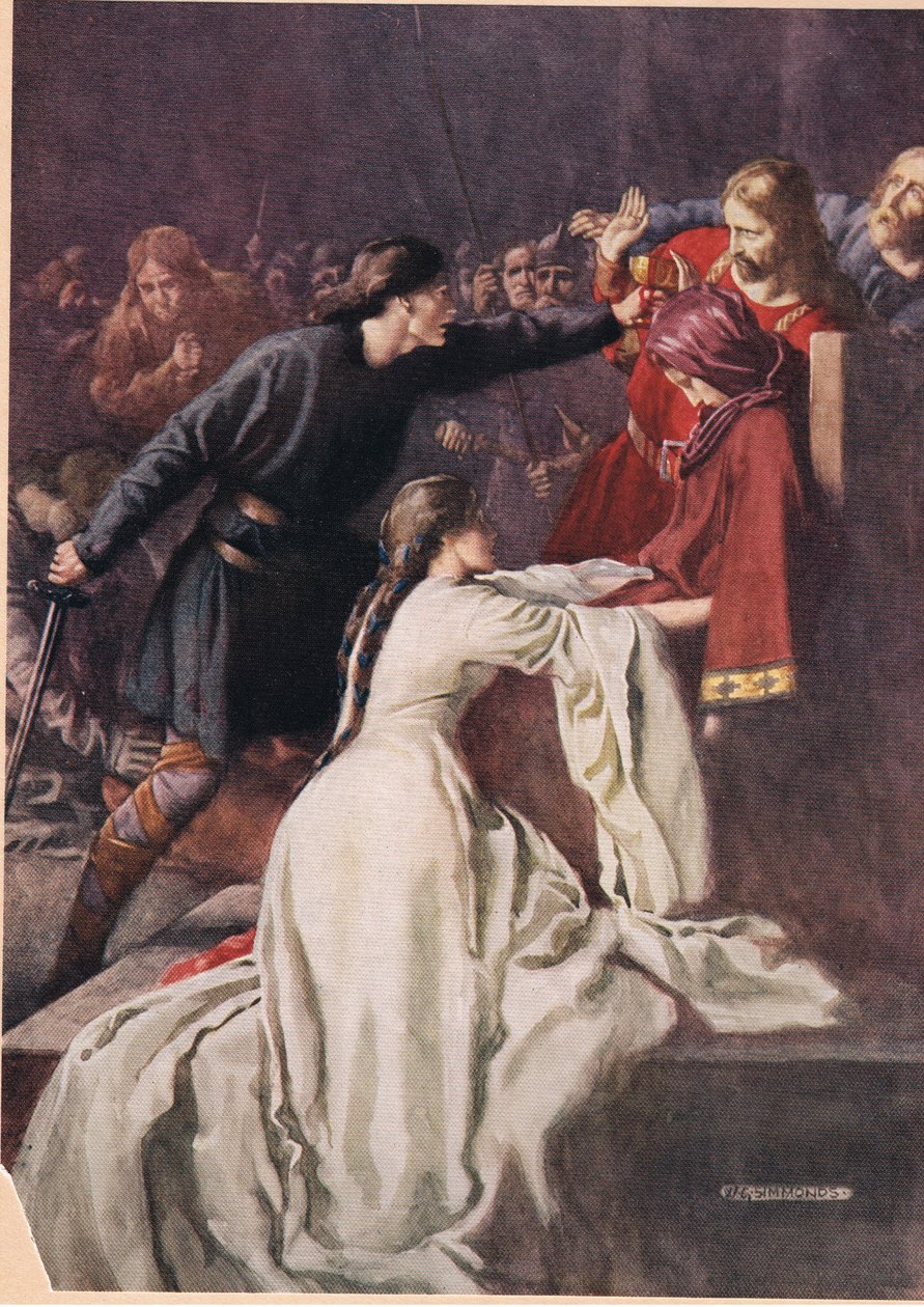 Hamlet tvingar kungen att dricka gift, från "Hamlet" av William Shakespeare, utgåva publicerad av Hodder und Stoughton 1915 av W. G. Simmonds