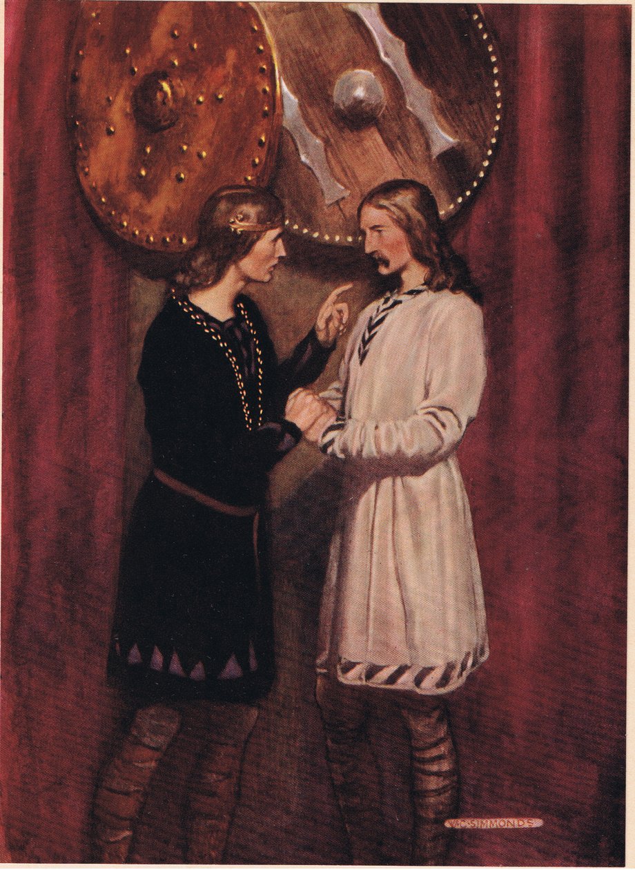 Hamlet pratar med Horatio, från "Hamlet" av William Shakespeare, utgåva publicerad av Hodder und Stoughton 1915. av W. G. Simmonds