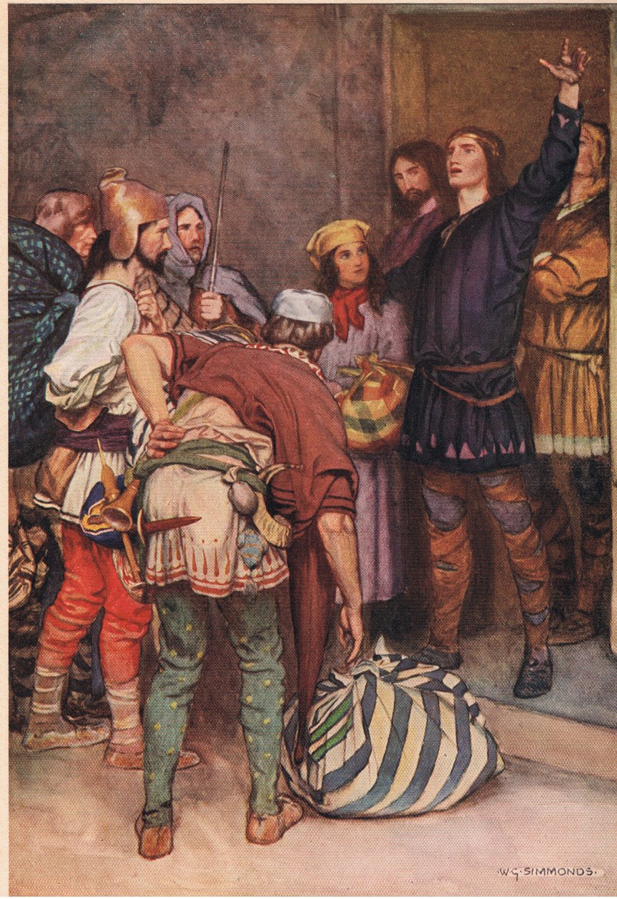 Hamlet välkomnar de resande spelarna till Helsingör, från "Hamlet" av William Shakespeare, utgåva utgiven av Hodder und Stoughton 1915 av W. G. Simmonds
