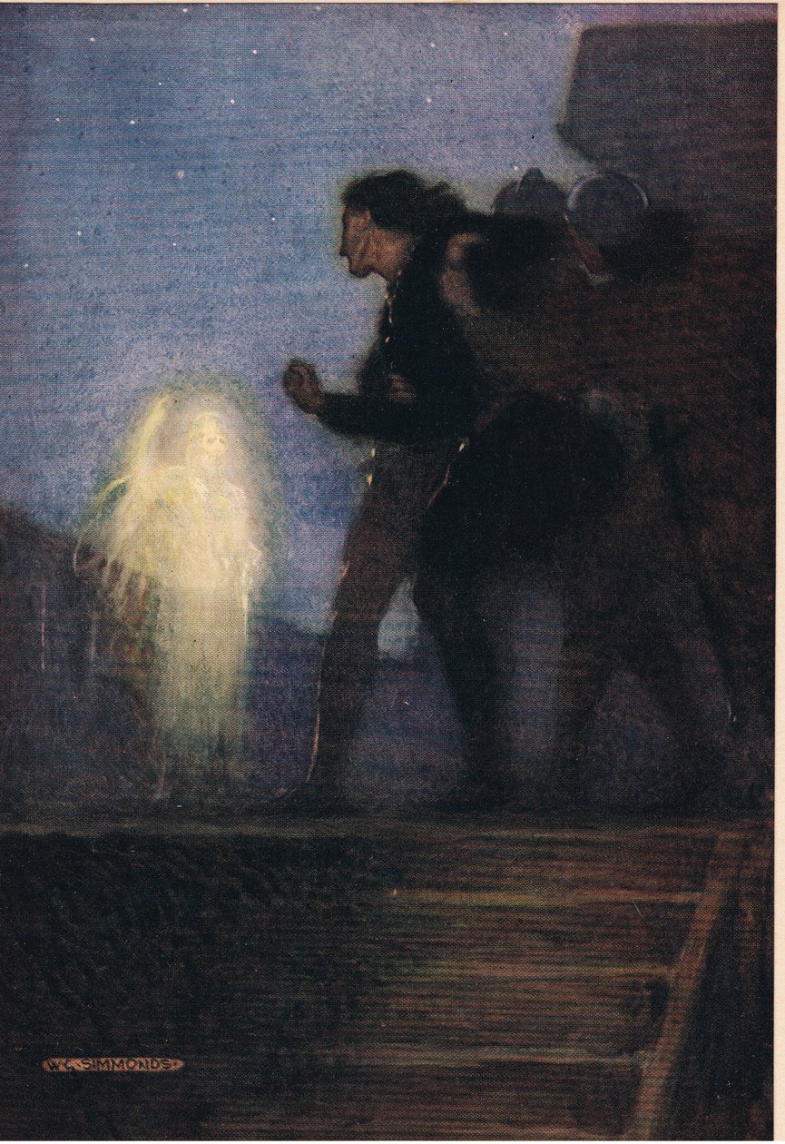 Hamlets far visar sig för honom, ur "Hamlet" av William Shakespeare, utgåva publicerad av Hodder und Stoughton 1915. av W. G. Simmonds