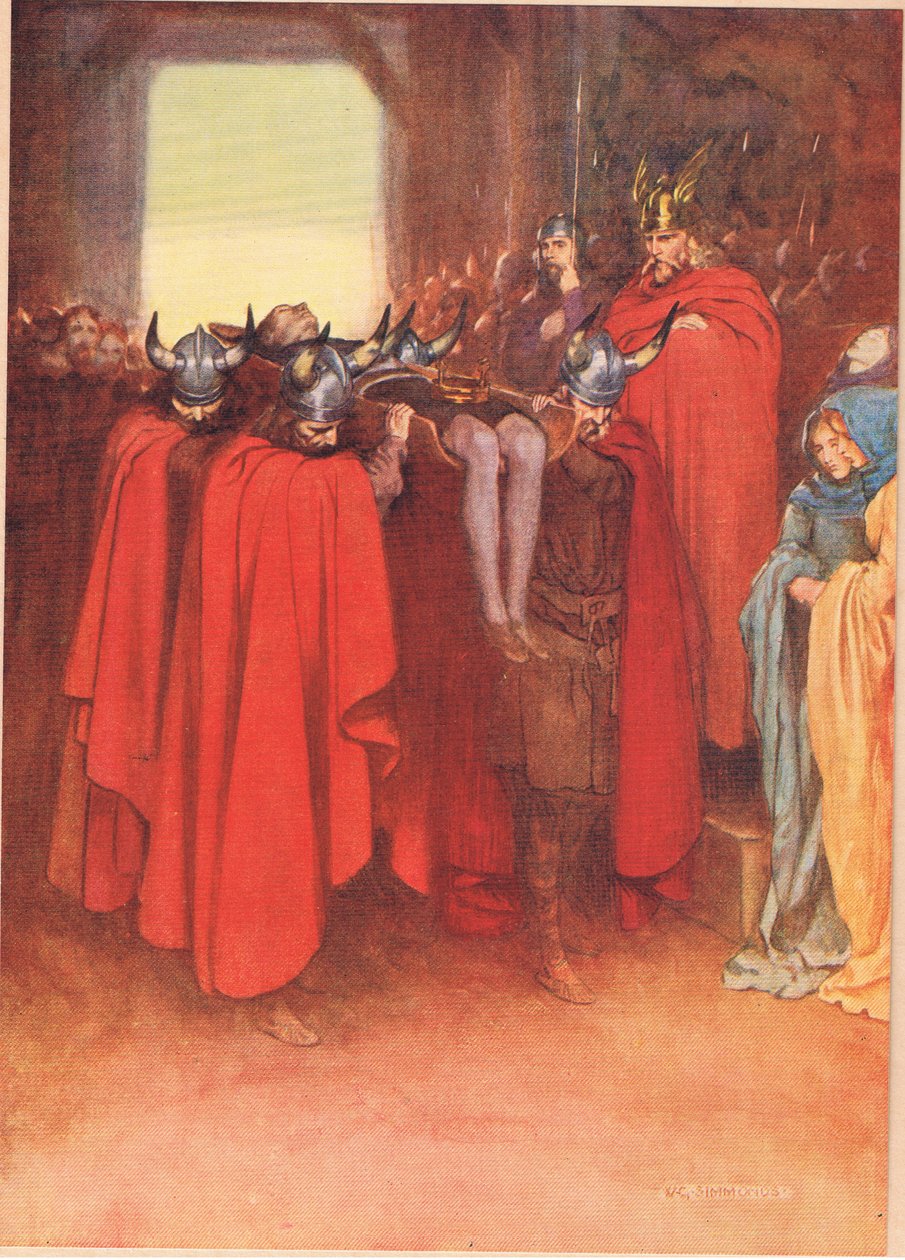 Horatio säger till sina män att "bära Hamlet som en soldat", ur "Hamlet" av William Shakespeare, utgåva publicerad av Hodder und Stoughton 1915. av W. G. Simmonds