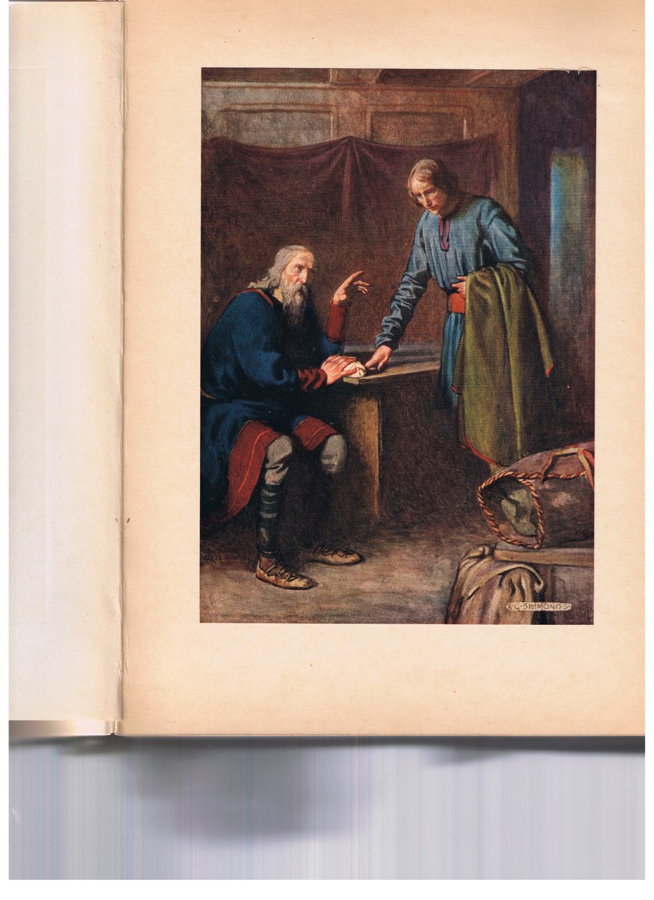 Polonius skickar Reynaldo för att kolla upp sin son Laertes, från "Hamlet" av William Shakespeare, utgåva publicerad av Hodder und Stoughton 1915 av W. G. Simmonds