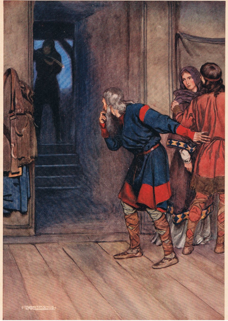Polonius testar Hamlets förstånd medan kungen och drottningen observerar, från "Hamlet" av William Shakespeare, utgåva publicerad av Hodder und Stoughton 1915 av W. G. Simmonds
