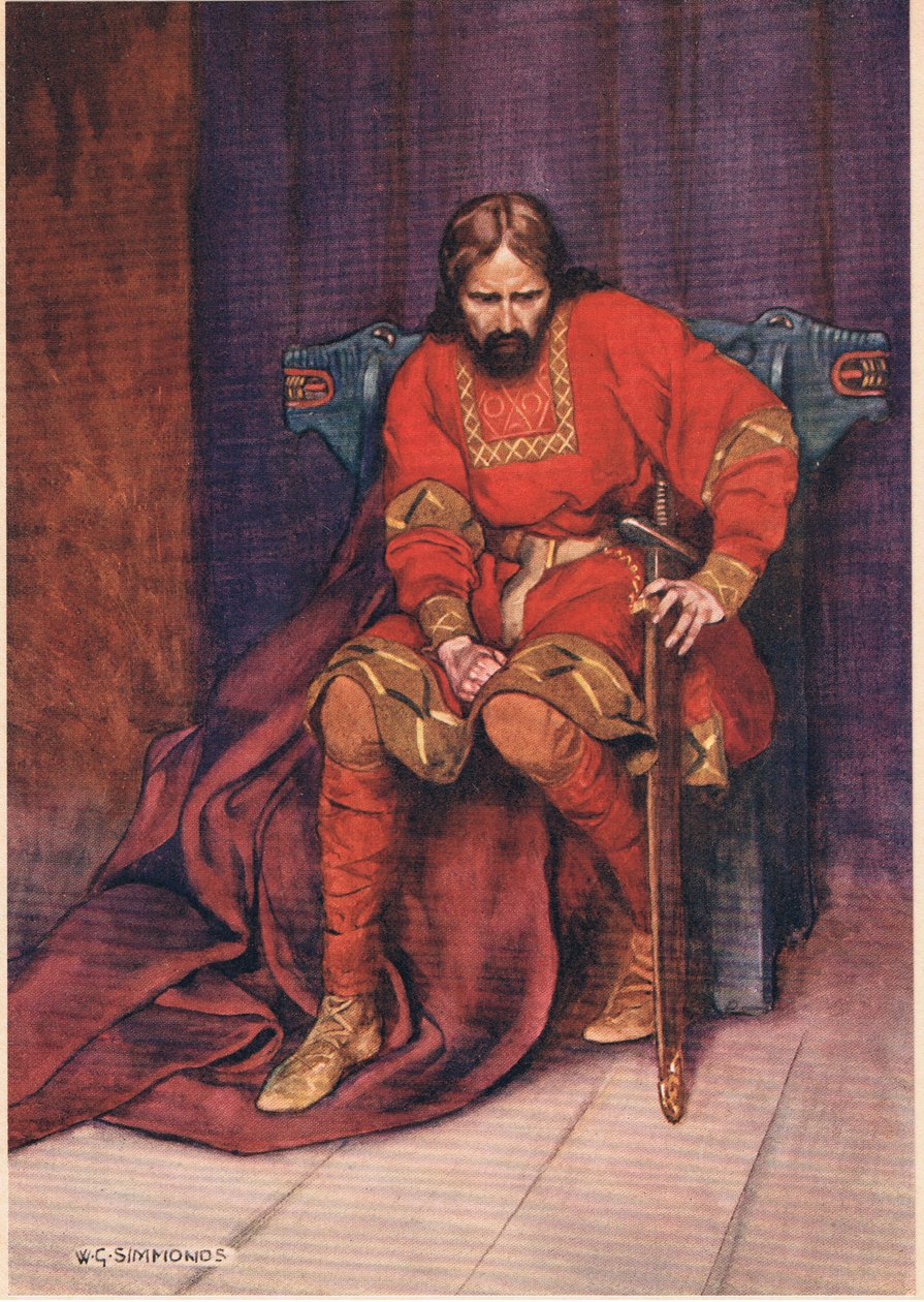 Kungen talar om att ha Hamlet dödad, från "Hamlet" av William Shakespeare, utgåva publicerad av Hodder und Stoughton 1915 av W. G. Simmonds