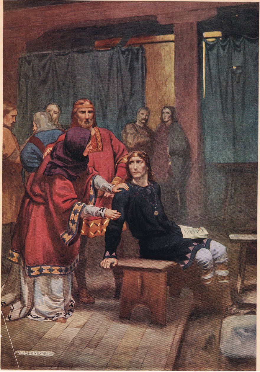 Drottningen försöker trösta Hamlet, från "Hamlet" av William Shakespeare, utgåva utgiven av Hodder und Stoughton 1915 av W. G. Simmonds