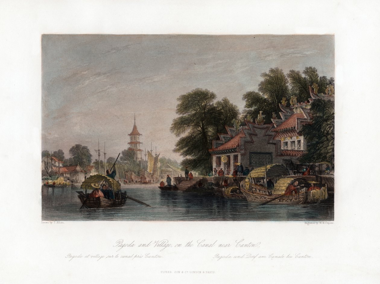 Pagoda och by, på kanalen nära Kanton, Kina, c1840. av W. H. Capone