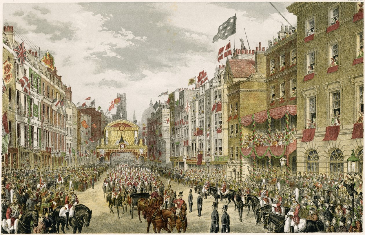 Procession on the Strand, Temple Bar, Strand, London, Storbritannien (färggravyr) av W. H. Russell