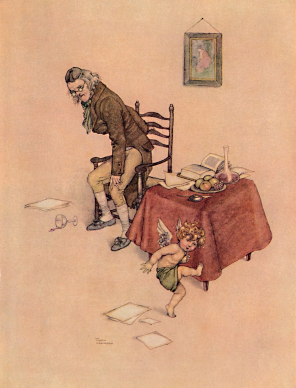 Han hoppade ner från den gamle mannens knä och dansade runt honom på golvet, c1930 av William Heath Robinson
