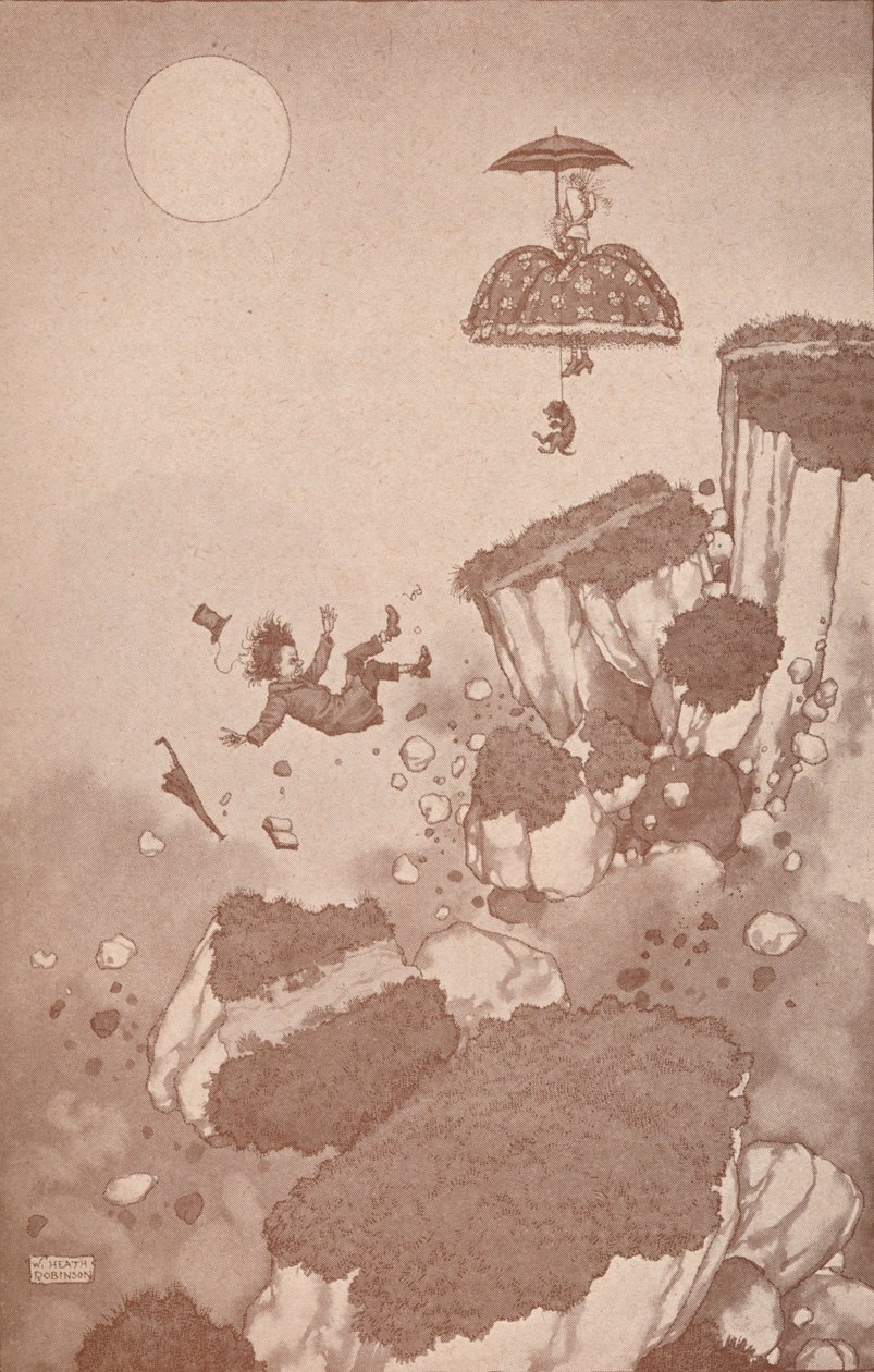 Hur uppfinnaren av flygplanet först fick idén under ett jordskred, c1918 1919 av William Heath Robinson