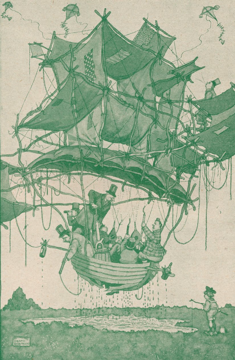 En ganska tidig typ av vattenplan som provflyger från Hampstead Ponds, c1918 1919 av William Heath Robinson