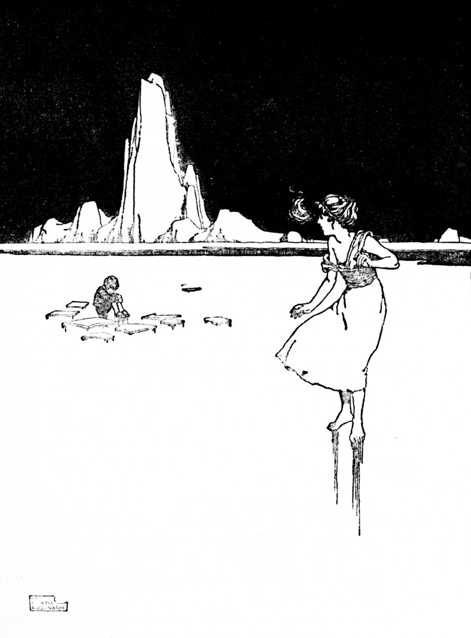 Hon gick in i den stora, kalla, tomma salen, c1930 av William Heath Robinson