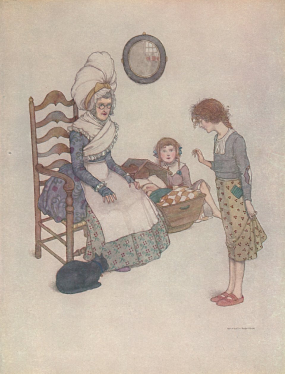Hon satte sig en dag och gjorde av några rött tyg ett par små skor, c1930 av William Heath Robinson