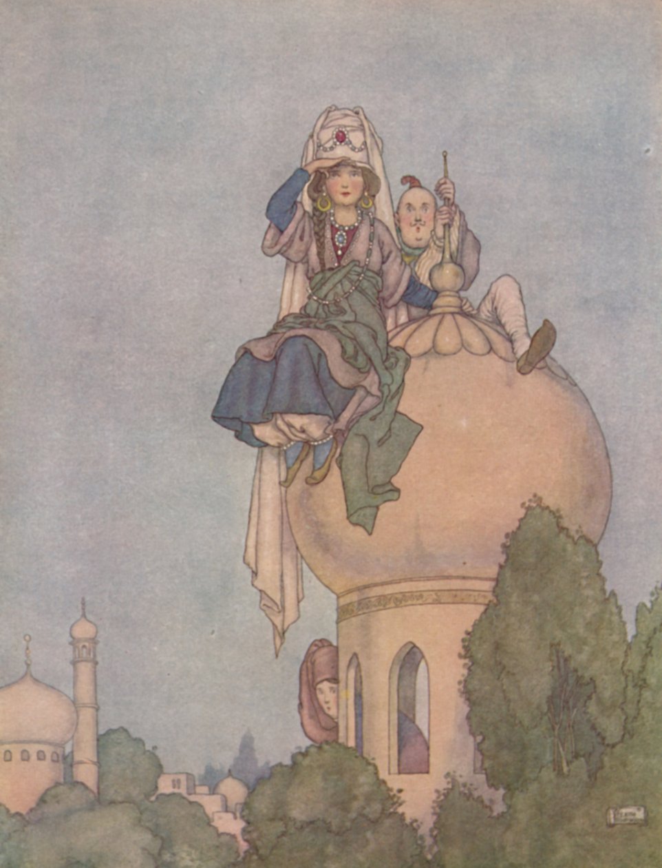 Hon satt den levande dagen på taket av hennes palats och väntade honom, c1930 av William Heath Robinson