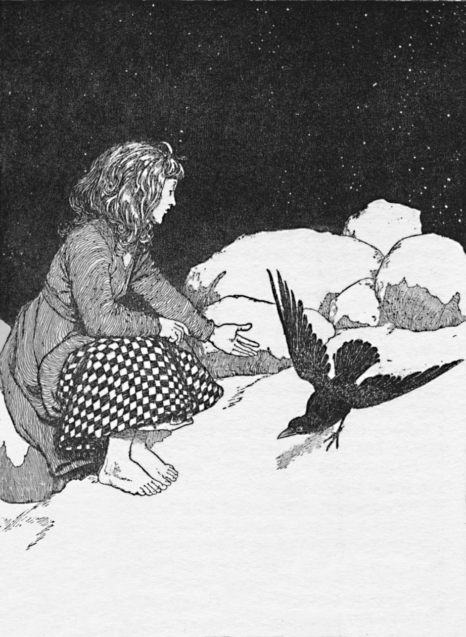 Plötsligt hoppade en stor korp på snön framför henne, c1930 av William Heath Robinson