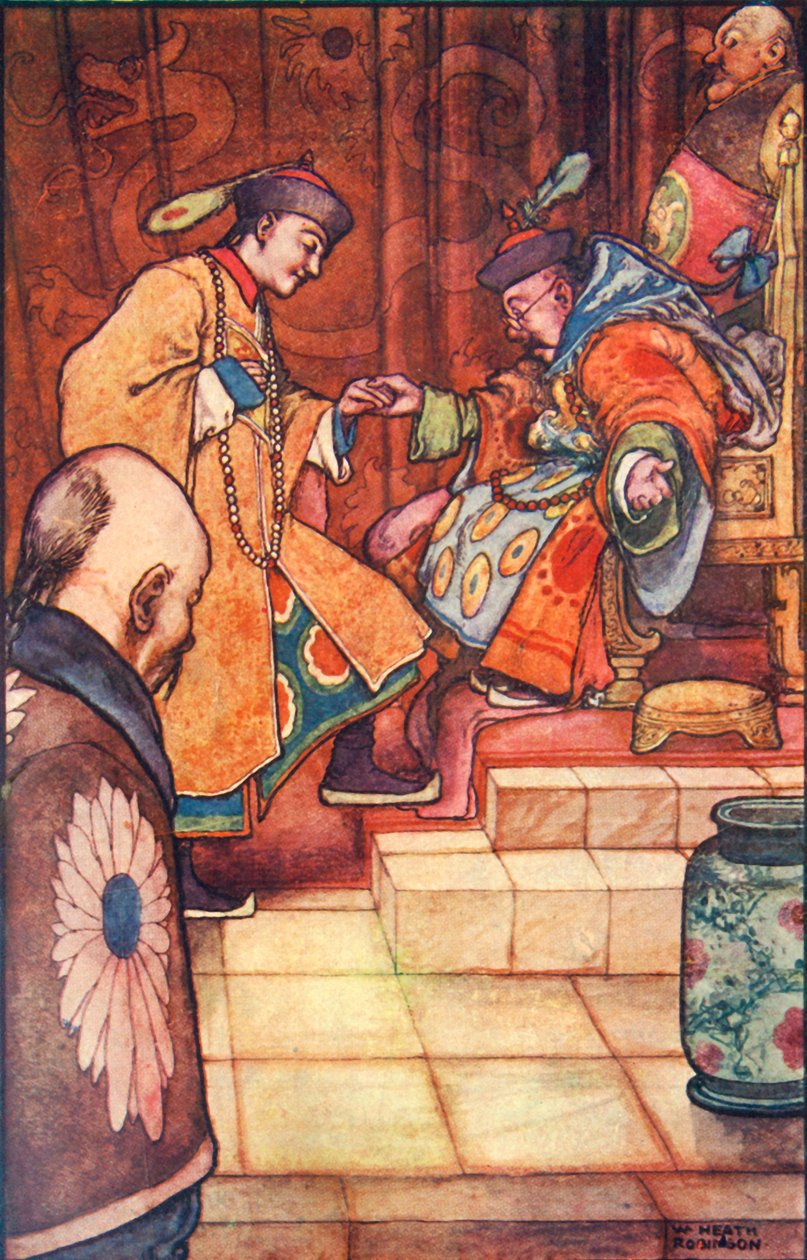 När den unge mannen har fallit för hans fötter, höll sultanen honom i handen, ca 1930. av William Heath Robinson